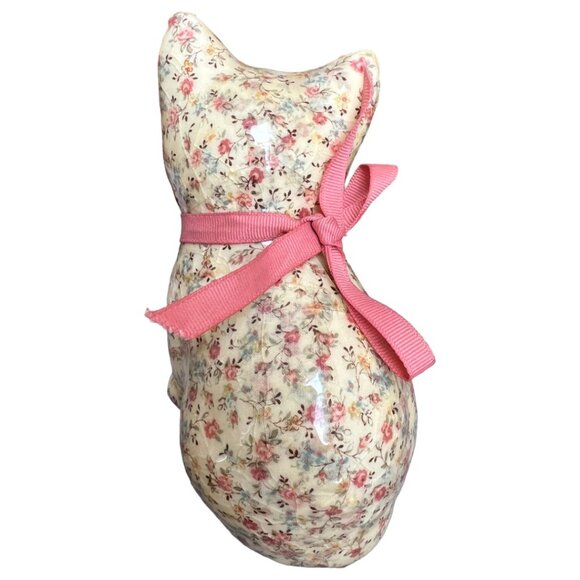 Vtg DECOUPAGE Ceramic CAT Kitten Kitty Floral Cream Fabric Pink Ribbon Bell 6" T - Picture 4 of 15